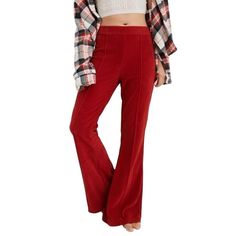Aerie Red Orange Corduroy Flare Pants High Waisted Pintuck XS SHORT